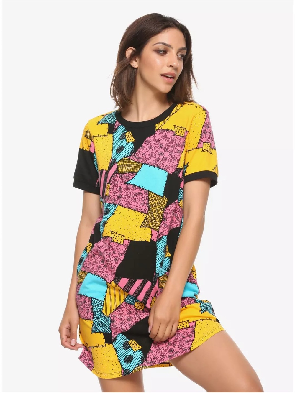 Disney Short Sleeve Patchwork Tee Dress - Yellow, Pink, Blue, Black